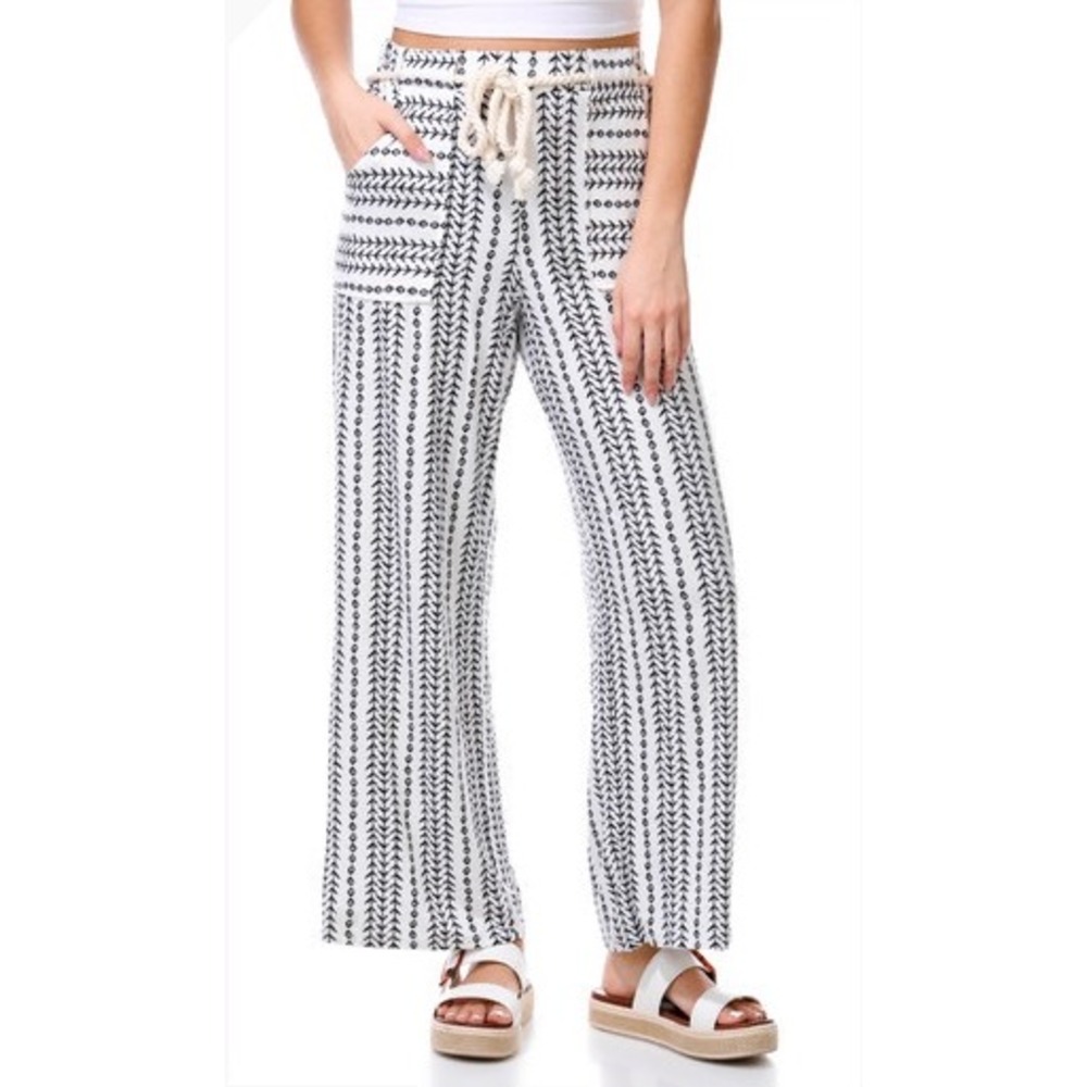 Derek Heart Wide Leg Pants‎ Womens XL Ivory Black NEW Tribal Print Rope Belt